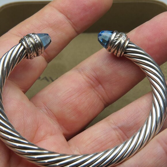 David Yurman Diamond & Blue Topaz 7mmm Cable Bangle - Picture 2 of 9